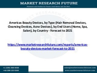 Americas Beauty Devices, by Type (Hair Removal Devices,
Cleansing Devices, Acne Devices), by End Users (Home, Spa,
Salon), by Country - Forecast to 2021
https://www.marketresearchfuture.com/reports/americas-
beauty-devices-market-forecast-to-2021
 
