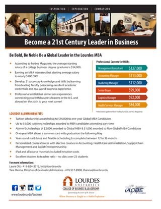 Be Bold, Be Noble Be a Global Leader in the Lourdes MBA
INSPIRATION EXPLORATION COMPASSION
COLLEGE OF BUSINESS & LEADERSHIP
Sponsored by the Sisters of St. Francis
www.lourdes.edu/business Where Business is Taught as a Noble Profession™
Become a 21st Century Leader in Business
LOURDES ALUMNI BENEFITS
	 Tuition scholarships awarded up to $16,000 to one-year Global MBA Candidates
	 Up to $5,000 tuition scholarships awarded to MBA candidates attending part-time
	 Alumni Scholarships of $2,000 awarded to Global MBA & $1,000 awarded to Non-Global MBA Candidates
	 One-year MBA allows a summer start with graduation the following May
	 Year round start dates and flexible scheduling to complete between 12 to 36 months
	 Personalized course choices with elective courses in Accounting, Health Care Administration, Supply Chain	
	 Management and Social Entrepreneurship
	 iPad and all course materials included in tuition costs
	 Excellent student to teacher ratio – no class over 25 students
For more information:
Laura Ott - 419-824-3712, lott@lourdes.edu
Tara Hanna, Director of Graduate Admissions - 419-517-8908, thanna@lourdes.edu
Professional Careers for MBAs
Management Consultant	
Accounting Manager 	
Marketing Manager
Senior Buyer
Logistics Manager
Health Services Manager
$127,000
$113,000
$112,000
$99,000
$92,000
$84,000
*Information gathered from Forbes, Fortune and Inc. Magazines
	 According to Forbes Magazine, the average starting 		
	 salary of a college business degree graduate is $54,000.
	 Earning an MBA increases that starting average salary 		
	 to nearly $100,000!
	 Develop 21st century knowledge and skills by learning 		
	 from leading faculty possessing excellent academic
	 credentials and real world business experience.
	 Professional and Global immersion experiences 			
	 connecting you with business leaders in the U.S. and
	 abroad on the path to your next career!
 