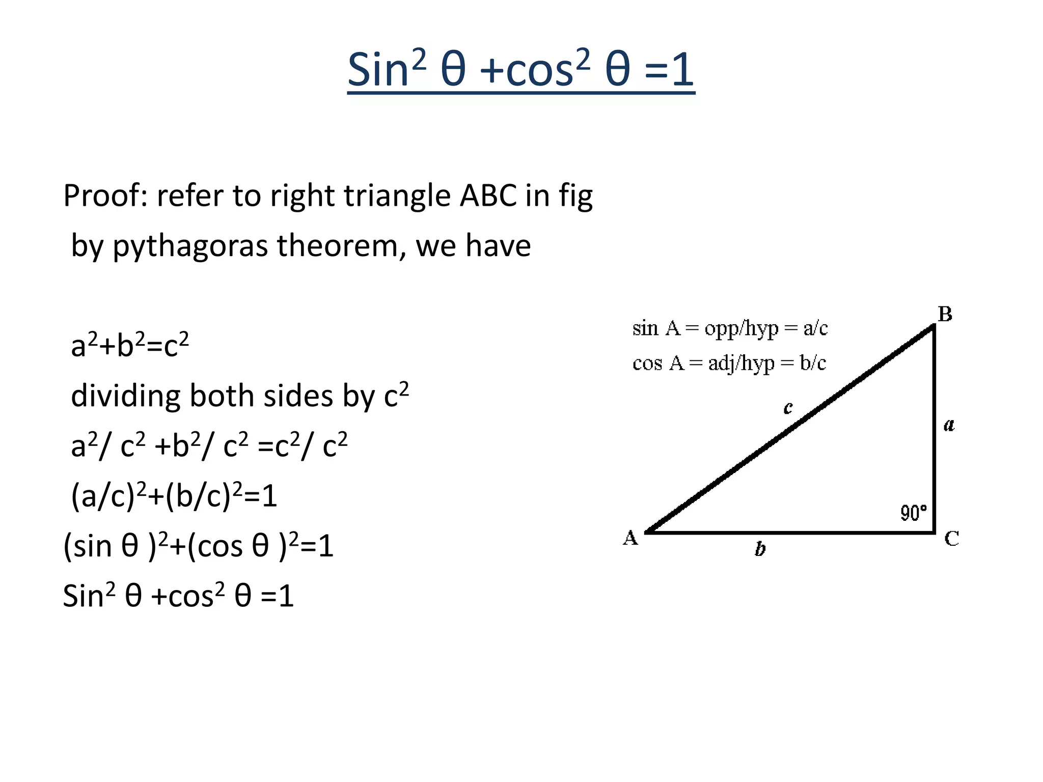 Sin2 θ +cos2 θ =1
Proof: refer to right triangle ABC in fig
by pythagoras theorem, we have
a2+b2=c2
dividing both sides by c2
a2/ c2 +b2/ c2 =c2/ c2
(a/c)2+(b/c)2=1
(sin θ )2+(cos θ )2=1
Sin2 θ +cos2 θ =1
 