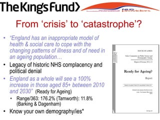 • “England has an inappropriate model of
health & social care to cope with the
changing patterns of illness and of need in
an ageing population…
• Legacy of historic NHS complacency and
political denial
• England as a whole will see a 100%
increase in those aged 85+ between 2010
and 2030” (Ready for Ageing)
• Range/363: 176.2% (Tamworth): 11.8%
(Barking & Dagenham)
• Know your own demography/ies*
From ‘crisis’ to ‘catastrophe’?
 