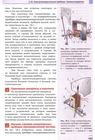 тока. Выясним, как устроены некоторые из
них и чем они отличаются.
Уже известные вам гальванометры, ам­
перметры и вольтметры — это измерительные
приборы магнитоэлектрической системы. Из­
мерительный механизм приборов данной систе­
мы представлен на рис. 29.1.
Когда в рамке (4) тока нет, спиральные
пружины (2) удерживают полуоси (3), а сле­
довательно, и стрелку (6) таким образом, что
конец стрелки устанавливается на нулевой от­
метке. Когда прибор включают в цепь, в рамке
начинает идти ток и под действием сил Ампера
она поворачивается в магнитном поле постоян­
ного магнита (1). Вместе с рамкой поворачива­
ются полуоси, а следовательно, и стрелка. Во
время вращения рамки пружины закручивают­
ся и возникают дополнительные силы упруго­
сти. Когда момент сил упругости уравновеши­
вает момент сил Ампера, вращение полуосей
прекращается, а стрелка остается отклоненной
на определенный угол.
Чем больше сила тока в рамке, тем
на больший угол отклонится стрелка и тем
большими будут показания прибора.
Приборы магнитоэлектрической системы
отличаются большой точностью и высокой чув­
ствительностью.
и вольтметр практически одинаковы; отличают­
ся их электрические сопротивления. Амперметр
включают в цепь последовательно, поэтому его
сопротивление должно быть очень маленьким,
иначе сила тока в цепи значительно уменьшит­
ся. А вот вольтметр включают в цепь парал­
лельно с устройством, на котором измеряют
напряжение, следовательно, чтобы сила тока
в цепи практически не менялась, сопротивление
вольтметра должно быть как можно большим.
По внутреннему устройству амперметр
На рис. 29.2 изображена схема измеритель­
ного механизма прибора электромагнитной
 