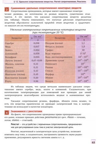 ческие размеры, но изготовлены из разных веществ, существенно отли­
чаются. А это значит, что удельные сопротивления веществ различны
(см. таблицу). Опыты показывают, что значение удельного сопротивления
вещества обусловлено химической природой этого вещества и существен­
но зависит от его температуры.
Удельные электрические сопротивления некоторых веществ
(при температуре 20 °С)
Сопротивления проводников, которые имеют одинаковые геометри-
Из таблицы видим, что среди металлов наименьшее удельное сопро­
тивление имеют серебро, медь, золото и алюминий. Следовательно, при
изготовлении электропроводки для помещений или проводов для линий
электропередачи целесообразно использовать медные и алюминиевые про­
вода.
Удельное сопротивление резины, фарфора, эбонита очень велико, то
есть эти вещества практически не проводят электрический ток; в электро­
технике их используют в качестве изоляторов.
его длине, основан принцип действия реостата (от греч. rheos — течение,
поток; statos — стоя'щий).
Реостат — это устройство с переменным сопротивлением, предназначен­
ное для регулирования силы тока в участке электрической цепи.
Реостат, включенный в электрическую цепь устройства, позволяет
изменять силу тока, а следовательно, настраивать громкость звука радио­
приемника, регулировать яркость свечения лампы и т. д.
На факте, что сопротивление проводника прямо пропорционально
 