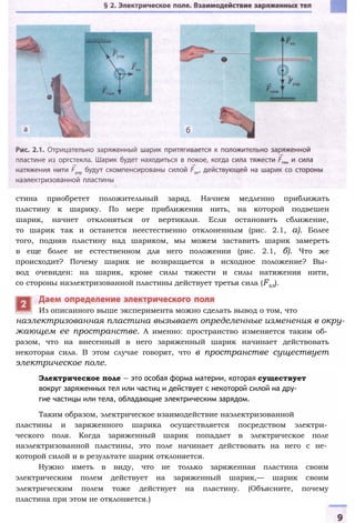 стина приобретет положительный заряд. Начнем медленно приближать
пластину к шарику. По мере приближения нить, на которой подвешен
шарик, начнет отклоняться от вертикали. Если остановить сближение,
то шарик так и останется неестественно отклоненным (рис. 2.1, а). Более
того, подняв пластину над шариком, мы можем заставить шарик замереть
в еще более не естественном для него положении (рис. 2.1, б). Что же
происходит? Почему шарик не возвращается в исходное положение? Вы­
вод очевиден: на шарик, кроме силы тяжести и силы натяжения нити,
со стороны наэлектризованной пластины действует третья сила (Fэл).
наэлектризованная пластина вызывает определенные изменения в окру­
жающем ее пространстве. А именно: пространство изменяется таким об­
разом, что на внесенный в него заряженный шарик начинает действовать
некоторая сила. В этом случае говорят, что в пространстве существует
электрическое поле.
Из описанного выше эксперимента можно сделать вывод о том, что
Электрическое поле — это особая форма материи, которая существует
вокруг заряженных тел или частиц и действует с некоторой силой на дру­
гие частицы или тела, обладающие электрическим зарядом.
Таким образом, электрическое взаимодействие наэлектризованной
пластины и заряженного шарика осуществляется посредством электри­
ческого поля. Когда заряженный шарик попадает в электрическое поле
наэлектризованной пластины, это поле начинает действовать на него с не­
которой силой и в результате шарик отклоняется.
Нужно иметь в виду, что не только заряженная пластина своим
электрическим полем действует на заряженный шарик,— шарик своим
электрическим полем тоже действует на пластину. (Объясните, почему
пластина при этом не отклоняется.)
 