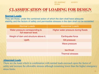 CLASSIFICATION OF LOADING FOR DESIGN
Normal Loads
They are those, under the combined action of which the dam shall have adequate
stability, and the factors of safety and permissible stresses in the dam shall not be exceeded.
25
4/2/2013
DR. BAKENAZ
ZEDAN
Abnormal Loads
These are the loads which in combination with normal loads encroach upon the factor of
safety and increase the allowable stresses although remaining lower than the higher emergency
stress limits.
Normal Loads Abnormal Loads
Water pressure corresponding to
full reservoir level.
Higher water pressure during floods
Weight of dam and structure above it. Earthquake force
Uplift. Silt pressure
Wave pressure
Ice thrust
Thermal stresses
 