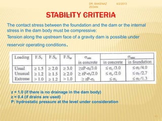 DR. BAKENAZ
ZEDAN
STABILITY CRITERIA
The contact stress between the foundation and the dam or the internal
stress in the dam body must be compressive:
Tension along the upstream face of a gravity dam is possible under
reservoir operating conditions.
4/2/2013
z = 1.0 (if there is no drainage in the dam body)
z = 0.4 (if drains are used)
P: hydrostatic pressure at the level under consideration
45
 