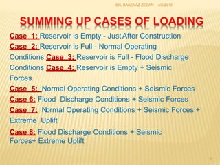 SUMMING UP CASES OF LOADING
Case 1: Reservoir is Empty - Just After Construction
Case 2: Reservoir is Full - Normal Operating
Conditions Case 3: Reservoir is Full - Flood Discharge
Conditions Case 4: Reservoir is Empty + Seismic
Forces
Case 5: Normal Operating Conditions + Seismic Forces
Case 6: Flood Discharge Conditions + Seismic Forces
Case 7: Normal Operating Conditions + Seismic Forces +
Extreme Uplift
Case 8: Flood Discharge Conditions + Seismic
Forces+ Extreme Uplift
6
4/2/2013
DR. BAKENAZ ZEDAN
 