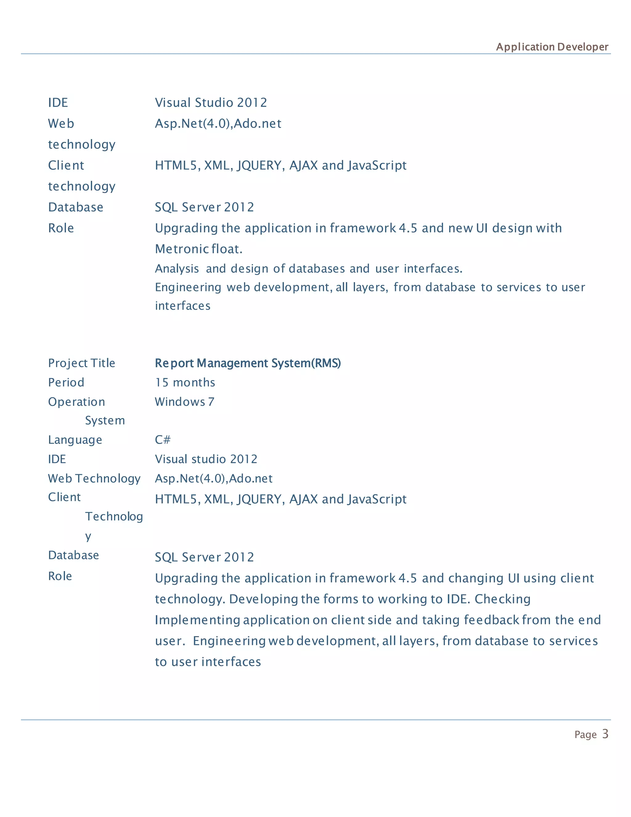 Application Developer
Page 3
IDE Visual Studio 2012
Web
technology
Asp.Net(4.0),Ado.net
Client
technology
HTML5, XML, JQUERY, AJAX and JavaScript
Database SQL Server 2012
Role Upgrading the application in framework 4.5 and new UI design with
Metronic float.
Analysis and design of databases and user interfaces.
Engineering web development, all layers, from database to services to user
interfaces
Project Title Report Management System(RMS)
Period 15 months
Operation
System
Windows 7
Language C#
IDE Visual studio 2012
Web Technology Asp.Net(4.0),Ado.net
Client
Technolog
y
HTML5, XML, JQUERY, AJAX and JavaScript
Database SQL Server 2012
Role Upgrading the application in framework 4.5 and changing UI using client
technology. Developing the forms to working to IDE. Checking
Implementing application on client side and taking feedback from the end
user. Engineering web development, all layers, from database to services
to user interfaces
 