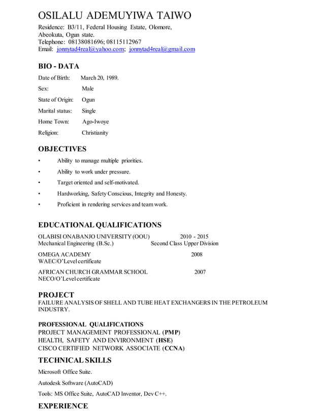 NEW CV nysc second format DOCX