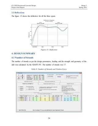 CE 5309 Prestressed Concrete Design Group 5
Project Final Report Spring 2016
24
3.3 Deflection:
The figure 15 shows the deflection for all the three spans.
Figure 15: Deflection
4. DESIGN SUMMARY
4.1 Number of Strands
The number of strands as per the design parameters, loading and the strength and geometry of the
slab was calculated by the ADAPT-PT. The number of strands was 17.
Table 9: Number of Strands and Tendon Force
2.0
1.5
1.0
0.5
0
Left Cantilever Span1 Span2 Span3
Deflection Diagrams
File: final safe adapt dgn
Deflection[in]
ServiceEnv. MaxTotal ServiceEnv. MinTotal
 