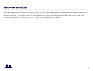 Recommendation
Since the club plans to trim its position in Apple by 50%, we would like to put the profits from the sale and reinvest them in First Solar.
Apple currently has a total market value of $2704.17 so after the trim we would have approximately $1352 to invest in First Solar.
Currently 22 Shares of First Solar trading at 61.42 would come to a total cost of $1351.24.
13
 