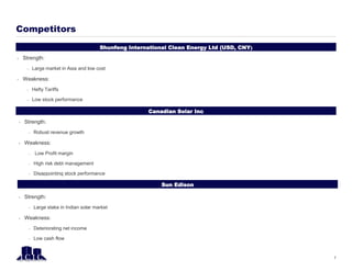 Shunfeng International Clean Energy Ltd (USD, CNY)
Competitors
7
Canadian Solar Inc
 Strength:
– Large market in Asia and low cost
 Weakness:
– Hefty Tariffs
– Low stock performance
 Strength:
– Robust revenue growth
 Weakness:
– Low Profit margin
– High risk debt management
– Disappointing stock performance
Sun Edison
 Strength:
– Large stake in Indian solar market
 Weakness:
– Deteriorating net income
– Low cash flow
 