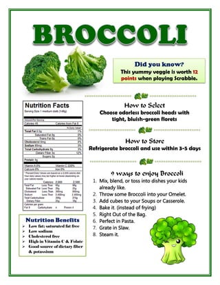 Did you know?
This yummy veggie is worth 12
points when playing Scrabble.
How to Select
Choose odorless broccoli heads with
tight, bluish-green florets
How to Store
Refrigerate broccoli and use within 3-5 days
9 ways to enjoy Broccoli
1. Mix, blend, or toss into dishes your kids
already like.
2. Throw some Broccoli into your Omelet.
3. Add cubes to your Soups or Casserole.
4. Bake it. (instead of frying)
5. Right Out of the Bag.
6. Perfect in Pasta.
7. Grate in Slaw.
8. Steam it.
9. Stir-fry it.
Nutrition Benefits
 Low fat; saturated fat free
 Low sodium
 Cholesterol free
 High in Vitamin C & Folate
 Good source of dietary fiber
& potassium
 