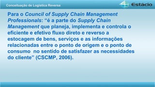 Para o Council of Supply Chain Management
Professionals: “é a parte do Supply Chain
Management que planeja, implementa e controla o
eficiente e efetivo fluxo direto e reverso a
estocagem de bens, serviços e as informações
relacionadas entre o ponto de origem e o ponto de
consumo no sentido de satisfazer as necessidades
do cliente” (CSCMP, 2006).
Conceituação de Logística Reversa
 