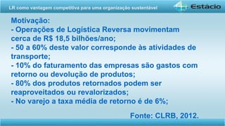 Motivação:
- Operações de Logística Reversa movimentam
cerca de R$ 18,5 bilhões/ano;
- 50 a 60% deste valor corresponde às atividades de
transporte;
- 10% do faturamento das empresas são gastos com
retorno ou devolução de produtos;
- 80% dos produtos retornados podem ser
reaproveitados ou revalorizados;
- No varejo a taxa média de retorno é de 6%;
Fonte: CLRB, 2012.
LR como vantagem competitiva para uma organização sustentável
 
