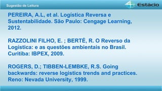 PEREIRA, A.L, et al. Logística Reversa e
Sustentabilidade. São Paulo: Cengage Learning,
2012.
RAZZOLINI FILHO, E. ; BERTÉ, R. O Reverso da
Logística: e as questões ambientais no Brasil.
Curitiba: IBPEX, 2009.
ROGERS, D.; TIBBEN-LEMBKE, R.S. Going
backwards: reverse logistics trends and practices.
Reno: Nevada University, 1999.
Sugestão de Leitura
 