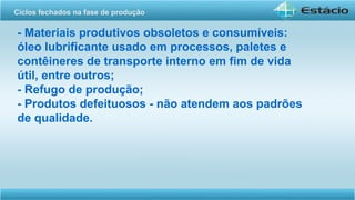 - Materiais produtivos obsoletos e consumíveis:
óleo lubrificante usado em processos, paletes e
contêineres de transporte interno em fim de vida
útil, entre outros;
- Refugo de produção;
- Produtos defeituosos - não atendem aos padrões
de qualidade.
Ciclos fechados na fase de produção
 