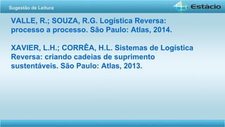 VALLE, R.; SOUZA, R.G. Logística Reversa:
processo a processo. São Paulo: Atlas, 2014.
XAVIER, L.H.; CORRÊA, H.L. Sistemas de Logística
Reversa: criando cadeias de suprimento
sustentáveis. São Paulo: Atlas, 2013.
Sugestão de Leitura
 