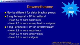 @EMARIANOMD #CSAHSWinter20
Dexamethasone
 May be different for distal brachial plexus
 8 mg Perineural > IV for axillary1
– Mean 4.6 hr more motor block
– Mean 4.0 hr more sensory block + analgesia
 5 mg Perineural > IV for infraclavicular2
– Mean 2.8 hr more motor block
– Mean 2.9 hr more sensory block
– Mean 3.5 hr more analgesia
1. Aliste J, et al. CJA 2017;64:29
2. Leurcharusmee P, et al. RAPM 2016;41:328
~1
Day
 