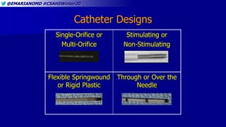 @EMARIANOMD #CSAHSWinter20
Single-Orifice or
Multi-Orifice
Stimulating or
Non-Stimulating
Flexible Springwound
or Rigid Plastic
Through or Over the
Needle
Catheter Designs
 