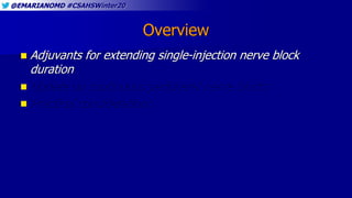 @EMARIANOMD #CSAHSWinter20
Overview
 Adjuvants for extending single-injection nerve block
duration
 Update on continuous peripheral nerve blocks
 Practical considerations
 