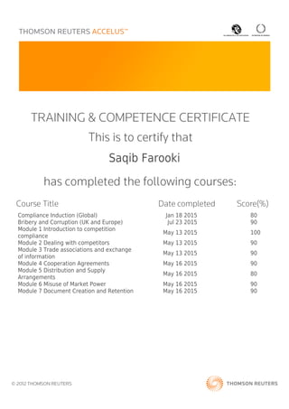 Saqib Farooki
Compliance Induction (Global) Jan 18 2015 80
Bribery and Corruption (UK and Europe) Jul 23 2015 90
Module 1 Introduction to competition
compliance
May 13 2015 100
Module 2 Dealing with competitors May 13 2015 90
Module 3 Trade associations and exchange
of information
May 13 2015 90
Module 4 Cooperation Agreements May 16 2015 90
Module 5 Distribution and Supply
Arrangements
May 16 2015 80
Module 6 Misuse of Market Power May 16 2015 90
Module 7 Document Creation and Retention May 16 2015 90
 