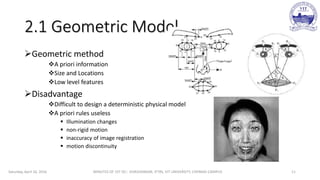 2.1 Geometric Model
Geometric method
A priori information
Size and Locations
Low level features
Disadvantage
Difficult to design a deterministic physical model
A priori rules useless
 Illumination changes
 non-rigid motion
 inaccuracy of image registration
 motion discontinuity
Saturday, April 16, 2016 MINUTES OF 1ST DC:- SIVASHANKAR, IFTRS, VIT UNIVERSITY, CHENNAI CAMPUS 11
 