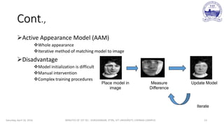 Cont.,
Active Appearance Model (AAM)
Whole appearance
Iterative method of matching model to image
Disadvantage
Model initialization is difficult
Manual intervention
Complex training procedures
Saturday, April 16, 2016 MINUTES OF 1ST DC:- SIVASHANKAR, IFTRS, VIT UNIVERSITY, CHENNAI CAMPUS 13
Place model in
image
Measure
Difference
Update Model
Iterate
 