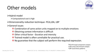 Other models
Hybrid model
Computational cost is high
Dimensionality reduction technique- PCA,LDA, LBP
General issues
 Combination of same action units mapped on to multiple emotions
 Obtaining context information is difficult
 Other critical factor - Duration and intensity
 Trained model is often unreliable for practical use.
 No guarantee that the subject will perform the required expression.
Saturday, April 16, 2016 MINUTES OF 1ST DC:- SIVASHANKAR, IFTRS, VIT UNIVERSITY, CHENNAI CAMPUS 14
*PCA-Principal component analysis
*LDA-Linear discriminant analysis
*LBP-Local binary patterns
 