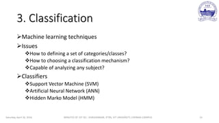 3. Classification
Machine learning techniques
Issues
How to defining a set of categories/classes?
How to choosing a classification mechanism?
Capable of analyzing any subject?
Classifiers
Support Vector Machine (SVM)
Artificial Neural Network (ANN)
Hidden Marko Model (HMM)
Saturday, April 16, 2016 MINUTES OF 1ST DC:- SIVASHANKAR, IFTRS, VIT UNIVERSITY, CHENNAI CAMPUS 15
 