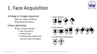 1. Face Acquisition
Image or Image sequence
On set , Apex and Off set
Temporal information
Face detection
Haar cascade classifier
 Haar-like features
 Integral Image
 Eliminate sub-images that
do not contain the object
Saturday, April 16, 2016 MINUTES OF 1ST DC:- SIVASHANKAR, IFTRS, VIT UNIVERSITY, CHENNAI CAMPUS 8
 