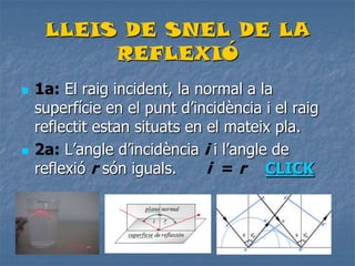 LLEIS DE SNEL DE LA
REFLEXIÓ
 1a: El raig incident, la normal a la
superfície en el punt d’incidència i el raig
reflectit estan situats en el mateix pla.
 2a: L’angle d’incidència i i l’angle de
reflexió r són iguals. i = r CLICK
 