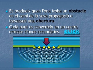  Es produeix quan l’ona troba un obstacle
en el camí de la seva propagació o
travessen una obertura.
 Cada punt es converteix en un centre
emissor d’ones secundàries. CLICK
 