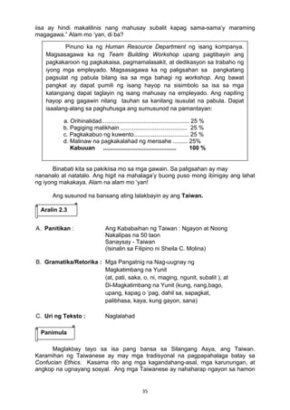 35 
iisa ay hindi makalilinis nang mahusay subalit kapag sama-sama’y maraming
magagawa.” Alam mo ‘yan, di ba?
Binabati kita sa pakikiisa mo sa mga gawain. Sa paligsahan ay may
nananalo at natatalo. Ang higit na mahalaga’y buong puso mong ibinigay ang lahat
ng iyong makakaya. Alam na alam mo ‘yan!
Ang susunod na bansang ating lalakbayin ay ang Taiwan.
A. Panitikan : Ang Kababaihan ng Taiwan : Ngayon at Noong
Nakalipas na 50 taon
                       Sanaysay - Taiwan
(Isinalin sa Filipino ni Sheila C. Molina)
B. Gramatika/Retorika : Mga Pangatnig na Nag-uugnay ng
Magkatimbang na Yunit
(at, pati, saka, o, ni, maging, ngunit, subalit ), at
Di-Magkatimbang na Yunit (kung, nang,bago,
upang, kapag o ‘pag, dahil sa, sapagkat,
palibhasa, kaya, kung gayon, sana)
C. Uri ng Teksto : Naglalahad
Maglakbay tayo sa isa pang bansa sa Silangang Asya, ang Taiwan.
Karamihan ng Taiwanese ay may mga tradisyonal na pagpapahalaga batay sa
Confucian Ethics. Kasama rito ang mga kagandahang-asal, mga karunungan, at
angkop na ugnayang sosyal. Ang mga Taiwanese ay nahaharap ngayon sa hamon
Pinuno ka ng Human Resource Department ng isang kompanya.
Magsasagawa ka ng Team Building Workshop upang pagtibayin ang
pagkakaroon ng pagkakaisa, pagmamalasakit, at dedikasyon sa trabaho ng
iyong mga empleyado. Magsasagawa ka ng paligsahan sa pangkatang
pagsulat ng pabula bilang isa sa mga bahagi ng workshop. Ang bawat
pangkat ay dapat pumili ng isang hayop na sisimbolo sa isa sa mga
katangiang dapat taglayin ng isang mahusay na empleyado. Ang napiling
hayop ang gagawin nilang tauhan sa kanilang isusulat na pabula. Dapat
isaalang-alang sa paghuhusga ang sumusunod na pamantayan:
a. Orihinalidad...................................................... 25 %
b. Pagiging malikhain ......................................... 25 %
c. Pagkakabuo ng kuwento.................................. 25 %
d. Malinaw na pagkakalahad ng mensahe ......... 25%
Kabuuan ............................................. 100 %
Aralin 2.3
Panimula
 