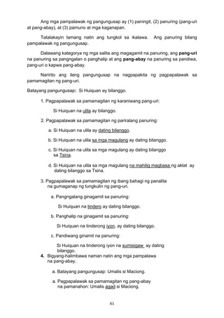 61 
Ang mga pampalawak ng pangungusap ay (1) paningit, (2) panuring (pang-uri
at pang-abay), at (3) pamuno at mga kaganapan.
Tatalakayin lamang natin ang tungkol sa ikalawa. Ang panuring bilang
pampalawak ng pangungusap.
Dalawang kategorya ng mga salita ang magagamit na panuring, ang pang-uri
na panuring sa pangngalan o panghalip at ang pang-abay na panuring sa pandiwa,
pang-uri o kapwa pang-abay.
Naririto ang ilang pangungusap na nagpapakita ng pagpapalawak sa
pamamagitan ng pang-uri.
Batayang pangungusap: Si Huiquan ay bilanggo.
1. Pagpapalawak sa pamamagitan ng karaniwang pang-uri:
Si Huiquan na ulila ay bilanggo.
2. Pagpapalawak sa pamamagitan ng pariralang panuring:
a. Si Huiquan na ulila ay dating bilanggo.
b. Si Huiquan na ulila sa mga magulang ay dating bilanggo.
c. Si Huiquan na ulila sa mga magulang ay dating bilanggo
sa Tsina.
d. Si Huiquan na ulila sa mga magulang na mahilig magbasa ng aklat ay
dating bilanggo sa Tsina.
3. Pagpapalawak sa pamamagitan ng ibang bahagi ng panalita
na gumaganap ng tungkulin ng pang-uri.
a. Pangngalang ginagamit sa panuring:
Si Huiquan na tindero ay dating bilanggo.
b. Panghalip na ginagamit sa panuring:
Si Huiquan na tinderong iyon, ay dating bilanggo.
c. Pandiwang ginamit na panuring:
Si Huiquan na tinderong iyon na sumisigaw ay dating
bilanggo.
4. Bigyang-halimbawa naman natin ang mga pampalawa
na pang-abay.
a. Batayang pangungusap: Umalis si Maciong.
a. Pagpapalawak sa pamamagitan ng pang-abay
na pamanahon: Umalis agad si Maciong.
 