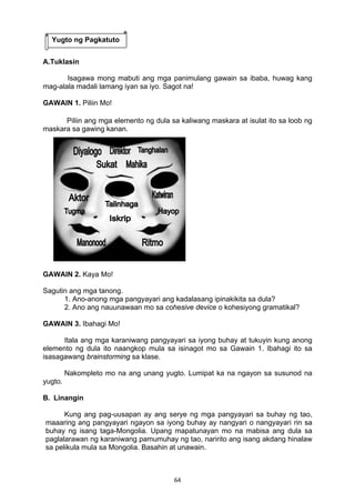 64 
 
A.Tuklasin
Isagawa mong mabuti ang mga panimulang gawain sa ibaba, huwag kang
mag-alala madali lamang iyan sa iyo. Sagot na!
GAWAIN 1. Piliin Mo!
Piliin ang mga elemento ng dula sa kaliwang maskara at isulat ito sa loob ng
maskara sa gawing kanan.
GAWAIN 2. Kaya Mo!
Sagutin ang mga tanong.
1. Ano-anong mga pangyayari ang kadalasang ipinakikita sa dula?
2. Ano ang nauunawaan mo sa cohesive device o kohesiyong gramatikal?
GAWAIN 3. Ibahagi Mo!
Itala ang mga karaniwang pangyayari sa iyong buhay at tukuyin kung anong
elemento ng dula ito naangkop mula sa isinagot mo sa Gawain 1. Ibahagi ito sa
isasagawang brainstorming sa klase.
Nakompleto mo na ang unang yugto. Lumipat ka na ngayon sa susunod na
yugto.
B. Linangin
Kung ang pag-uusapan ay ang serye ng mga pangyayari sa buhay ng tao,
maaaring ang pangyayari ngayon sa iyong buhay ay nangyari o nangyayari rin sa
buhay ng isang taga-Mongolia. Upang mapatunayan mo na mabisa ang dula sa
paglalarawan ng karaniwang pamumuhay ng tao, naririto ang isang akdang hinalaw
sa pelikula mula sa Mongolia. Basahin at unawain.
Yugto ng Pagkatuto
 