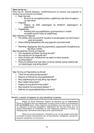 82 
 
 
 
 
 
 
 
 
 
 
 
 
 
 
 
 
 
 
 
 
 
 
 
 
Basahin, unawain at isagawa mo ang nakaatang na gawain.
 
 
 
 
 
Mga Tanong sa Pagrerebisa ng Sinulat
 Tama ba ang aking pangungusap?
 Maayos at malinaw ba ang pagkakalahad?
 May pagkakaugnay ba ang aking mga ideya?
 May malabo bang ideya?
 Angkop ba ang ginamit kong salita?
 May kaisahan ba ang bawat talataan ?
 Malinaw ba ang pangkalahatang mensahe?
Alam mo ba na...
Para kay Dr. Paquito Badayos, multidimensyonal na proseso ang pagsulat na
binubuo ng sumusunod na proseso:
 Bago Sumulat
- Binubuo ito ng pagpiling paksa, paglikhang mga ideya at pagbuo
ng mga ideya
 Pagsulat
- Pagbuo ng draft, pagtanggap ng feedback, pagsangguni, at
pagrerebisa
 Paglalathala
- Kabilang dito ang pagdidisplay ng komposisyon o sulatin
sa bulletin board o kaya ay paglilimbag
Mga Hakbang sa Pagsulat
 Pre-writing- Dito ang pamimili ng paksa at pangangalap ng impormasyon
para sa susulatin.
 Actual Writing-Nakapaloob dito ang pagsulat ng borador/draft.
 Rewriting- Nagaganap dito ang pagrerebisa, pagwawasto at paghahanay
Ng ideya o lohika.
Mga Mungkahing Tanong sa Pagsulat
 Ano ang paksa ng teksto ng aking isusulat?
 Ano ang layunin sa pagsulat nito?
 Saan at paano ako makakukuha ng sapat na datos kaugnay
ng aking paksa?
 Paano ko ilalahad ang mga datos na aking nakalap upang maging higit
na makahulugan ang aking paksa?
Bahagi ng Social Awareness Program ng Samahan ng ma Nagkakaisang
Bansa sa Silangang Asya ang paglulunsad ng isang Literary Exhibit na pinamagatang
Ani ng Panitikan.Layon nitong magkaroon ng kamalayan ang mga Asyano sa tunay
na nangyayari sa lipunang ginagalawan. Matatampok dito ang iba’t ibang anyo ng
akdang pampanitikan na tumatalakay sa mga kalagayang panlipunan at kultura ng
Silangang Asya. Naimbitihan kang maging isa sa mga kontribyutor .
Bilang isa sa mga kontribyutor, itinagubilin sa iyo na ang ipapasa mong akda
ay marapat na pasok sa pamantayan nito, ito ang kalinawan, kaangkupan, kahustuhan,
katiyakan, kawastuhan, at may layunin.
 