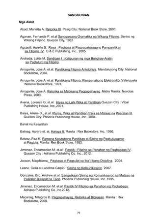 79 
SANGGUNIAN
Mga Aklat
Abad, Marietta A. Retorika III. Pasig City: National Book Store, 2003.
Aganan, Fernanda P. et.al Sangguniang Gramatika ng Wikang Filipino. Sentro ng
Wikang Filipino. Quezon City, 1983
Agcaoili, Aurelio S. Raya : Pagbasa at Pagpapahalagang Pampanitikan
sa Filipino IV. C & E Publishing, Inc., 2005.
Andrada, Lolita M. Sandigan I : Kalipunan ng mga Banghay-Aralin
sa Pagtuturo ng Filipino.
Arrogante, Jose A. et.al. Panitikang Filipino Antolohiya. Mandaluyong City: National
Bookstore, 2004.
Arrogante, Jose A. et.al. Panitikang Filipino: Pampanahong Elektroniko. Valenzuela
:National Bookstrore, 1991.
Arrogante, Jose A. Retorika sa Mabisang Pagpapahayag. Metro Manila: Novotas
Press, 2003.
Avena, Lorenza G. et.al. Hiyas ng Lahi Wika at Panitikan.Quezon City : Vibal
Publishing House, Inc.,2001.
Baisa, Ailene G., et.al. Pluma, Wika at Panitikan Para sa Mataas na Paaralan III.
Quezon City: Phoenix Publishing House, Inc., 2004.
Banal na Kasulatan
Batnag, Aurora et. al, Haraya II. Manila : Rex Bookstore, Inc. 1990.
Belvez, Paz M. Pamana Katutubong Panitikan at Sining ng Pagkukuwento
at Pagtula. Manila: Rex Book Store, 1983.
Jimenez, Encarnacion M. et.al. Panitik : Filipino sa Panahon ng Pagbabago IV.
Quezon City : Adriana Publishing Co. Inc., 2012.
Jocson, Magdalena. Pagbasa at Pagsulat sa Iba’t Ibang Disiplina. 2004.
Leano, Celia at Lucelma Carpio. Sining ng Komunikasyon. 2007.
Gonzales, Bro. Andrew.et.al. Sangwikaan Sining ng Komunikasyon sa Mataas na
Paaralan Ikaapat na Taon. Phoenix Publishing House, Inc. 1995.
Jimenez, Encarnacion M. et.al. Panitik IV Filipino sa Panahon ng Pagbabago.
Adriana Publishing Co.,Inc.2012.
Macaraig, Milagros B. Pagpapahayag, Retorika at Bigkasan. Manila : Rex
Bookstore, 2000.
 
