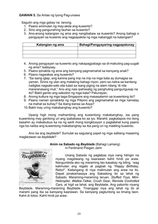 23 
GAWAIN 5. Sa Antas ng Iyong Pag-unawa
Sagutin ang mga gabay na tanong.
1. Paano sinimulan ng may-akda ang kuwento?
2. Sino ang pangunahing tauhan sa kuwento?
3. Ano-anong katangian ng ama ang nangibabaw sa kuwento? Anong bahagi o
pangyayari sa kuwento ang nagpapakita ng mga nabanggit na katangian?
Katangian ng ama Bahagi/Pangyayaring nagpapatunay
4. Anong pangyayari sa kuwento ang nakapagpabago sa di-mabuting pag-uugali
ng ama? Isalaysay.
5. Paano ipinakita ng ama ang kaniyang pagmamahal sa kaniyang anak?
6. Paano nagwakas ang kuwento?
7. “Sa isang iglap, ang kanina pang inip na inip na mga bata ay dumagsa sa
yaman. Sinira ng ulan ang malaking bahagi niyon, pero sa natira sa kanilang
nailigtas nagsalo-salo sila tulad sa isang piging na alam nilang ‘di nila
mararanasang muli.” Ano ang nais ipahiwatig ng panghuling pangungusap na
ito? Bakit ganito ang saloobin ng mga bata? Patunayan.
8. Anong kultura ng mga taga-Singapore ang masasalamin sa kuwentong ito?
9. Paano naman ipinakikita ng mga Pilipino ang pagmamahal sa mga namatay
na mahal sa buhay? Sa ibang bansa sa Asya?
10.Bakit may uring makabanghay ang kuwento?
Upang higit mong maihambing ang kuwentong makabanghay, isa pang
kuwentong may ganitong uri ang ipababasa ko sa iyo. Marahil, pagkatapos mo itong
basahin ay makabubuo ka na ng sarili mong kongklusyon o paglalahat kung paano
nga ba naiiba ang kuwentong makabanghay sa iba pang uri ng maikling kuwento.
Ano ba ang beyblade? Sumulat sa sagutang papel ng mga salitang maaaring
maglarawan sa beyblade?
Anim na Sabado ng Beyblade (Bahagi Lamang)
ni Ferdinand Pisigan Jarin
Unang Sabado ng paglabas niya nang hilingin na
niyang magdiwang ng kaarawan kahit hindi pa araw.
Nangumbida ako ng maraming tao kasabay ng biling ‘wag
kalimutan ang regalo at pagbati ng “Happy Birthday,
Rebo!”. Kailangang di niya malimutan ang araw na ito.
Dapat pinakamasaya ang Sabadong ito sa lahat ng
Sabado. Maraming-maraming laruan. Stuffed Toys, Mini-
Helicopter, Walkie-Talkie, Crush Gear, Remote Controlled
Cars, at higit sa lahat, ang Beyblade. Ang paborito niyang
Beyblade. Maraming-maraming Beyblade. Tinanggap niya ang lahat ng ito at
marami pang iba sa kaniyang kaarawan. Sa kaniyang pagtuntong sa limang taon.
Kahit di totoo. Kahit hindi pa araw.
 