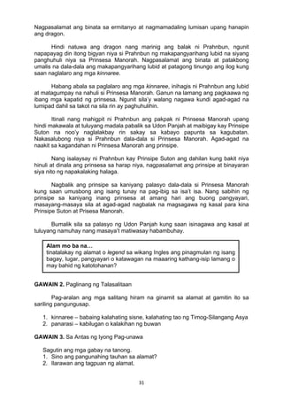 31 
Nagpasalamat ang binata sa ermitanyo at nagmamadaling lumisan upang hanapin
ang dragon.
Hindi natuwa ang dragon nang marinig ang balak ni Prahnbun, ngunit
napapayag din itong bigyan niya si Prahnbun ng makapangyarihang lubid na siyang
panghuhuli niya sa Prinsesa Manorah. Nagpasalamat ang binata at patakbong
umalis na dala-dala ang makapangyarihang lubid at patagong tinungo ang ilog kung
saan naglalaro ang mga kinnaree.
Habang abala sa paglalaro ang mga kinnaree, inihagis ni Prahnbun ang lubid
at matagumpay na nahuli si Prinsesa Manorah. Ganun na lamang ang pagkaawa ng
ibang mga kapatid ng prinsesa. Ngunit sila’y walang nagawa kundi agad-agad na
lumipad dahil sa takot na sila rin ay paghuhulihin.
Itinali nang mahigpit ni Prahnbun ang pakpak ni Prinsesa Manorah upang
hindi makawala at tuluyang madala pabalik sa Udon Panjah at maibigay kay Prinsipe
Suton na noo’y naglalakbay rin sakay sa kabayo papunta sa kagubatan.
Nakasalubong niya si Prahnbun dala-dala si Prinsesa Manorah. Agad-agad na
naakit sa kagandahan ni Prinsesa Manorah ang prinsipe.
Nang isalaysay ni Prahnbun kay Prinsipe Suton ang dahilan kung bakit niya
hinuli at dinala ang prinsesa sa harap niya, nagpasalamat ang prinsipe at binayaran
siya nito ng napakalaking halaga.
Nagbalik ang prinsipe sa kaniyang palasyo dala-dala si Prinsesa Manorah
kung saan umusbong ang isang tunay na pag-ibig sa isa’t isa. Nang sabihin ng
prinsipe sa kaniyang inang prinsesa at amang hari ang buong pangyayari,
masayang-masaya sila at agad-agad nagbalak na magsagawa ng kasal para kina
Prinsipe Suton at Prisesa Manorah.
Bumalik sila sa palasyo ng Udon Panjah kung saan isinagawa ang kasal at
tuluyang namuhay nang masaya’t matiwasay habambuhay.
GAWAIN 2. Paglinang ng Talasalitaan
Pag-aralan ang mga salitang hiram na ginamit sa alamat at gamitin ito sa
sariling pangungusap.
1. kinnaree – babaing kalahating sisne, kalahating tao ng Timog-Silangang Asya
2. panarasi – kabilugan o kalakihan ng buwan
GAWAIN 3. Sa Antas ng Iyong Pag-unawa
Sagutin ang mga gabay na tanong.
1. Sino ang pangunahing tauhan sa alamat?
2. Ilarawan ang tagpuan ng alamat.
Alam mo ba na…
tinatalakay ng alamat o legend sa wikang Ingles ang pinagmulan ng isang
bagay, lugar, pangyayari o katawagan na maaaring kathang-isip lamang o
may bahid ng katotohanan?
 