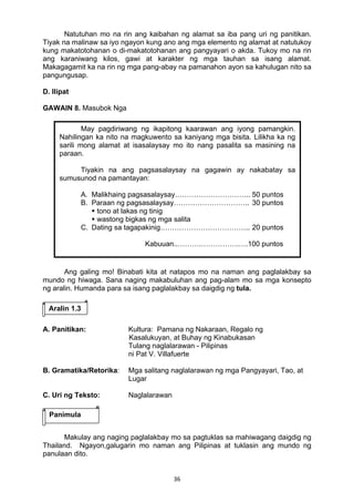 36 
Natutuhan mo na rin ang kaibahan ng alamat sa iba pang uri ng panitikan.
Tiyak na malinaw sa iyo ngayon kung ano ang mga elemento ng alamat at natutukoy
kung makatotohanan o di-makatotohanan ang pangyayari o akda. Tukoy mo na rin
ang karaniwang kilos, gawi at karakter ng mga tauhan sa isang alamat.
Makagagamit ka na rin ng mga pang-abay na pamanahon ayon sa kahulugan nito sa
pangungusap.
D. Ilipat
GAWAIN 8. Masubok Nga
Ang galing mo! Binabati kita at natapos mo na naman ang paglalakbay sa
mundo ng hiwaga. Sana naging makabuluhan ang pag-alam mo sa mga konsepto
ng aralin. Humanda para sa isang paglalakbay sa daigdig ng tula.
A. Panitikan: Kultura: Pamana ng Nakaraan, Regalo ng
Kasalukuyan, at Buhay ng Kinabukasan
Tulang naglalarawan - Pilipinas
ni Pat V. Villafuerte
B. Gramatika/Retorika: Mga salitang naglalarawan ng mga Pangyayari, Tao, at
Lugar
C. Uri ng Teksto: Naglalarawan
 
 
  Makulay ang naging paglalakbay mo sa pagtuklas sa mahiwagang daigdig ng
Thailand. Ngayon,galugarin mo naman ang Pilipinas at tuklasin ang mundo ng
panulaan dito.
Aralin 1.3
May pagdiriwang ng ikapitong kaarawan ang iyong pamangkin.
Nahilingan ka nito na magkuwento sa kaniyang mga bisita. Lilikha ka ng
sarili mong alamat at isasalaysay mo ito nang pasalita sa masining na
paraan.
Tiyakin na ang pagsasalaysay na gagawin ay nakabatay sa
sumusunod na pamantayan:
A. Malikhaing pagsasalaysay………………………….. 50 puntos
B. Paraan ng pagsasalaysay………………………….. 30 puntos
 tono at lakas ng tinig
 wastong bigkas ng mga salita
C. Dating sa tagapakinig……………………………….. 20 puntos
Kabuuan..……….…………….….100 puntos
Panimula
 