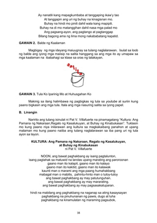 38 
Ay nanatili kang mapagkumbaba at tanggaping ikaw’y tao
At tanggapin ang uri ng buhay na kinagisnan mo.
Buhay na hindi mo pinili dahil wala kang mapipili.
Buhay na di mo matanggihan dahil nasa mga palad mo
Ang pagsang-ayon, ang pagtango at pagtanggap
Bilang bagong ama ng lima mong nakababatang kapatid.
GAWAIN 2. Balde ng Kaalaman
Magbigay ng mga ideyang maiuugnay sa tulang naglalarawan. Isulat sa loob
ng balde ang iyong mga maiisip na salita hanggang sa ang mga ito ay umapaw sa
mga kaalaman na ibabahagi sa klase sa oras ng talakayan.
GAWAIN 3. Tula Ko Iparinig Mo at Huhusgahan Ko
Makinig sa ilang halimbawa ng pagbigkas ng tula sa youtube at suriin kung
paano bigkasin ang mga tula. Itala ang mga nasuring salita sa iyong papel.
B. Linangin
Naririto ang tulang isinulat ni Pat V. Villafuerte na pinamagatang “Kultura: Ang
Pamana ng Nakaraan,Regalo ng Kasalukuyan, at Buhay ng Kinabukasan”. Tuklasin
mo kung paano niya inilarawan ang kultura sa magkakaibang panahon at upang
malaman mo kung paano naiiba ang tulang naglalarawan sa iba pang uri ng tula
ayon sa layon.
KULTURA: Ang Pamana ng Nakaraan, Regalo ng Kasalukuyan,
at Buhay ng Kinabukasan
ni Pat V. Villafuerte
NOON, ang bawat paghakbang ay isang pagtalunton,
isang pagtahak sa matuwid na landas upang marating ang paroroonan
gaano man ito kalapit, gaano man ito kalayo
gaano man ito kakitid, gaano man ito kalawak
kaunti man o marami ang mga paang humahakbang
mabagal man o mabilis, pahintu-hinto man o tuloy-tuloy
ang bawat paghakbang ay may patutunguhan.
ang bawat paghakbang ay may mararating.
ang bawat paghakbang ay may pagsasakatuparan.
hindi na mabilang ang paghakbang na naganap sa ating kasaysayan
paghakbang na pinuhunanan ng pawis, dugo at luha
paghakbang na kinamulatan ng maraming pagsubok,
 