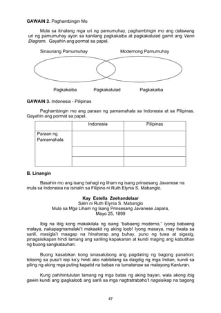 47 
GAWAIN 2. Paghambingin Mo
Mula sa itinalang mga uri ng pamumuhay, paghambingin mo ang dalawang
uri ng pamumuhay ayon sa kanilang pagkakaiba at pagkakatulad gamit ang Venn
Diagram. Gayahin ang pormat sa papel.
Sinaunang Pamumuhay Modernong Pamumuhay
Pagkakaiba Pagkakatulad Pagkakaiba
GAWAIN 3. Indonesia - Pilipinas
Paghambingin mo ang paraan ng pamamahala sa Indonesia at sa Pilipinas.
Gayahin ang pormat sa papel.
Indonesia Pilipinas
Paraan ng
Pamamahala
B. Linangin
Basahin mo ang isang bahagi ng liham ng isang prinsesang Javanese na
mula sa Indonesia na isinalin sa Filipino ni Ruth Elynia S. Mabanglo.
Kay Estella Zeehandelaar
Salin ni Ruth Elynia S. Mabanglo
Mula sa Mga Liham ng Isang Prinsesang Javanese Japara,
Mayo 25, 1899
Ibig na ibig kong makakilala ng isang “babaeng moderno,” iyong babaeng
malaya, nakapagmamalaki’t makaakit ng aking loob! Iyong masaya, may tiwala sa
sarili, masigla’t maagap na hinaharap ang buhay, puno ng tuwa at sigasig,
pinagsisikapan hindi lamang ang sariling kapakanan at kundi maging ang kabutihan
ng buong sangkatauhan.
Buong kasabikan kong sinasalubong ang pagdating ng bagong panahon;
totoong sa puso’t isip ko’y hindi ako nabibilang sa daigdig ng mga Indian, kundi sa
piling ng aking mga puting kapatid na babae na tumatanaw sa malayong Kanluran.
Kung pahihintulutan lamang ng mga batas ng aking bayan, wala akong ibig
gawin kundi ang ipagkaloob ang sarili sa mga nagtratrabaho’t nagsisikap na bagong
 
 
 
 