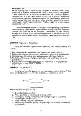 50 
 
 
 
 
 
 
 
 
 
GAWAIN 4. Paglinang ng Talasalitaan
Ibigay ang kahulugan ng mga nasalungguhitang salita sa pangungusap mula
sa akda.
1. Buong kasabikan kong sinalubong ang pagdating ng bagong panahon.
2. Balang araw, maaaring lumuwag ang tali at kami’y makalaya sa pagkakaalipin.
3. Kinakailangang ikahon ako, ikulong at pagbawalang lumabas ng bahay.
4. Hindi ako nabibilang sa daigdig ng mga Indian, kundi sa piling ng aking mga
puting kapatid.
5. Kaytagal na inasam ang emansipasyon, ang paghihintay sa pagpapahalaga o
pagkakaligtas sa pagkaalipin na inasam.
GAWAIN 5. Concept Webbing
Ano ang mga kaugaliang Javanese ang natuklasan mo sa iyong binasa? Itala
mo ito gamit ang concept web. Gayahin ang kasunod na pormat sa papel.
Kaugaliang Javanese
Sagutin ang mga gabay na tanong
1. Sino si Estela Zeehandelar?
2. Paano ipinakilala ng prinsesa ang kaniyang sarili?
3. Ano ang mga nais ng prinsesa na gusto niyang mabago sa kaugaliang
Javanese para sa kababaihan?
4. Anong uri ito ng sanaysay? Patunayan.
5. Ano-ano ang katangian ng isang sanaysay na pormal na naiiba sa sanaysay
na di-pormal?
Alam mo ba na…
katulad ng ibang anyo ng panitikan, ang sanaysay ay may mga uri rin? Ito ay
ang pormal at di-pormal.Impersonal ang tawag sa ibang aklat sa sanaysay na
pormal. Naghahatid ito ng mahahalagang kaalaman o impormasyon, kaisipan
na makaagham at lohikal na pagkakasunod-sunod ng mga ideya. Maingat na
pinipili ang mga ginagamit na salita at maanyo ang pagkakasulat. Maaari ring
maging pampanitikan ang pormal na uri ng sanaysay. Maaari itong maging
makahulugan, matalinhaga at matayutay. Ang tono ng pormal na sanaysay ay
seryoso at di nagbibiro.
Samantalang sa di-pormal na sanaysay, nagbibigay ito ng kasiyahan sa
pamamagitan ng pagtalakay sa mga karaniwan at pang-araw-araw na paksa.
Pamilyar ang ganitong uri ng sanaysay. Gumagamit ng mga salitang
sinasambit sa araw-araw na pakikipag-usap lamang. Palakaibigan ang tono
sapagkat pumapanig sa damdamin at paniniwala ng may-akda ang pananaw
nito.                       
 