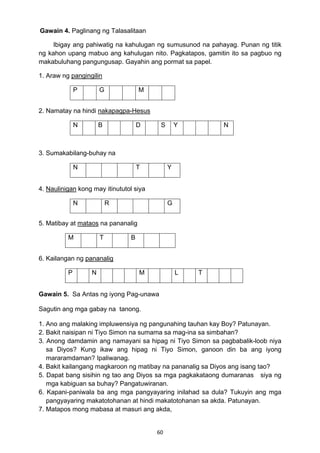 60 
Gawain 4. Paglinang ng Talasalitaan
Ibigay ang pahiwatig na kahulugan ng sumusunod na pahayag. Punan ng titik
ng kahon upang mabuo ang kahulugan nito. Pagkatapos, gamitin ito sa pagbuo ng
makabuluhang pangungusap. Gayahin ang pormat sa papel.
1. Araw ng pangingilin
P G M
2. Namatay na hindi nakapagpa-Hesus
N B D S Y N
3. Sumakabilang-buhay na
N T Y
4. Naulinigan kong may itinututol siya
N R G
5. Matibay at mataos na pananalig
M T B
6. Kailangan ng pananalig
P N M L T
Gawain 5. Sa Antas ng iyong Pag-unawa
Sagutin ang mga gabay na tanong.
1. Ano ang malaking impluwensiya ng pangunahing tauhan kay Boy? Patunayan.
2. Bakit naisipan ni Tiyo Simon na sumama sa mag-ina sa simbahan?
3. Anong damdamin ang namayani sa hipag ni Tiyo Simon sa pagbabalik-loob niya
sa Diyos? Kung ikaw ang hipag ni Tiyo Simon, ganoon din ba ang iyong
mararamdaman? Ipaliwanag.
4. Bakit kailangang magkaroon ng matibay na pananalig sa Diyos ang isang tao?
5. Dapat bang sisihin ng tao ang Diyos sa mga pagkakataong dumaranas siya ng
mga kabiguan sa buhay? Pangatuwiranan.
6. Kapani-paniwala ba ang mga pangyayaring inilahad sa dula? Tukuyin ang mga
pangyayaring makatotohanan at hindi makatotohanan sa akda. Patunayan.
7. Matapos mong mabasa at masuri ang akda,
 