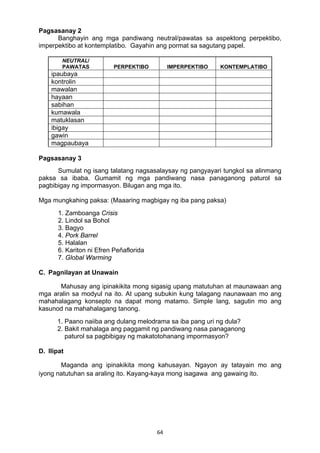 64 
Pagsasanay 2
Banghayin ang mga pandiwang neutral/pawatas sa aspektong perpektibo,
imperpektibo at kontemplatibo. Gayahin ang pormat sa sagutang papel.
NEUTRAL/
PAWATAS PERPEKTIBO IMPERPEKTIBO KONTEMPLATIBO
ipaubaya
kontrolin
mawalan
hayaan
sabihan
kumawala
matuklasan
ibigay
gawin
magpaubaya
Pagsasanay 3
Sumulat ng isang talatang nagsasalaysay ng pangyayari tungkol sa alinmang
paksa sa ibaba. Gumamit ng mga pandiwang nasa panaganong paturol sa
pagbibigay ng impormasyon. Bilugan ang mga ito.
Mga mungkahing paksa: (Maaaring magbigay ng iba pang paksa)
1. Zamboanga Crisis
2. Lindol sa Bohol
3. Bagyo
4. Pork Barrel
5. Halalan
6. Kariton ni Efren Peňaflorida
7. Global Warming
C. Pagnilayan at Unawain
Mahusay ang ipinakikita mong sigasig upang matutuhan at maunawaan ang
mga aralin sa modyul na ito. At upang subukin kung talagang naunawaan mo ang
mahahalagang konsepto na dapat mong matamo. Simple lang, sagutin mo ang
kasunod na mahahalagang tanong.
1. Paano naiiba ang dulang melodrama sa iba pang uri ng dula?
2. Bakit mahalaga ang paggamit ng pandiwang nasa panaganong
paturol sa pagbibigay ng makatotohanang impormasyon?
D. Ilipat
Maganda ang ipinakikita mong kahusayan. Ngayon ay tatayain mo ang
iyong natutuhan sa araling ito. Kayang-kaya mong isagawa ang gawaing ito.
 