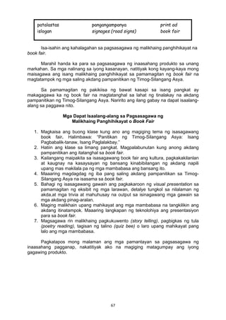 67 
Isa-isahin ang kahalagahan sa pagsasagawa ng malikhaing panghihikayat na
book fair.
Marahil handa ka para sa pagsasagawa ng inaasahang produkto sa unang
markahan. Sa mga nalinang sa iyong kasanayan, natitiyak kong kayang-kaya mong
maisagawa ang isang malikhaing panghihikayat sa pamamagitan ng book fair na
magtatampok ng mga saling akdang pampanitikan ng Timog-Silangang Asya.
Sa pamamagitan ng pakikiisa ng bawat kasapi sa isang pangkat ay
makagagawa ka ng book fair na magtatanghal sa lahat ng tinalakay na akdang
pampanitikan ng Timog-Silangang Asya. Naririto ang ilang gabay na dapat isaalang-
alang sa paggawa nito.
Mga Dapat Isaalang-alang sa Pagsasagawa ng
Malikhaing Panghihikayat o Book Fair
1. Magkaisa ang buong klase kung ano ang magiging tema ng isasagawang
book fair. Halimbawa: “Panitikan ng Timog-Silangang Asya: Isang
Pagbabalik-tanaw, Isang Paglalakbay.”
2. Hatiin ang klase sa limang pangkat. Magpalabunutan kung anong akdang
pampanitikan ang itatanghal sa book fair.
3. Kailangang maipakita sa isasagawang book fair ang kultura, pagkakakilanlan
at kaugnay na kasaysayan ng bansang kinabibilangan ng akdang napili
upang mas makilala pa ng mga mambabasa ang bansang ito.
4. Maaaring magdagdag ng iba pang saling akdang pampanitikan sa Timog-
Silangang Asya na isasama sa book fair.
5. Bahagi ng isasagawang gawain ang pagkakaroon ng visual presentation sa
pamamagitan ng eksibit ng mga larawan, detalye tungkol sa nilalaman ng
akda,at mga trivia at mahuhusay na output sa isinagawang mga gawain sa
mga akdang pinag-aralan.
6. Maging malikhain upang mahikayat ang mga mambabasa na tangkilikin ang
akdang itinatampok. Maaaring langkapan ng teknolohiya ang presentasiyon
para sa book fair.
7. Magsagawa rin malikhaing pagkukuwento (story telling), pagbigkas ng tula
(poetry reading), tagisan ng talino (quiz bee) o laro upang mahikayat pang
lalo ang mga mambabasa.
Pagkatapos mong malaman ang mga pamantayan sa pagsasagawa ng
inaasahang pagganap, nakatitiyak ako na magiging matagumpay ang iyong
gagawing produkto.
patalastas pangangampanya print ad
islogan signages (road signs) book fair
 
 