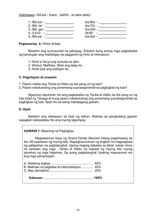 23 
Halimbawa: /SA:ka/ - bukid, /saKA/ - at saka (also)
1. /BA:ba/ - ________________ /ba:BA/ - ________________
2. /BA: ta/ - ________________ /ba:TA/ - ________________
3. /BA: ga/ - ________________ /ba:GA/ - ________________
4. /LA:bi/ - ________________ /la:BI/ - ________________
5. /BA:sa/ - ________________ /ba:SA/ - ________________
Pagsasanay 4. Hinto/ Antala
Basahin ang sumusunod na pahayag. Subukin kung anong mga pagkakaiba
ng kahulugan ang maibibigay sa paggamit ng hinto at intonasyon.
1. Hindi si Arvyl ang sumulat sa akin.
2. Wrenyl, Matthew, Mark ang tatay ko.
3. Hindi siya ang kaibigan ko.
C. Pagnilayan at unawain
1. Paano naiiba ang Tanka at Haiku sa iba pang uri ng tula?
2. Paano nakatutulong ang ponemang suprasegmental sa pagbigkas ng tula?
Ngayong natutuhan mo ang pagkakaiba ng Tanka at Haiku sa iba pang uri ng
tula tulad ng Tanaga at kung paano nakatutulong ang ponemang suprasegmental sa
pagbigkas ng tula, ilipat mo sa isang mahalagang gawain.
D. Ilipat
Basahin ang sitwasyon sa loob ng kahon. Makiisa sa pangkatang gawain
sapagkat nakasalalay rito ang inyong tagumpay.
GAWAIN 7. Masining na Pagbigkas
Magkakaroon kayo ng Grand Family Reunion bilang pagdiriwang sa
ika- 80 kaarawan ng inyong lolo. Napagkasunduan ng angkan na magsagawa
ng paligsahan sa pagtatanghal. Upang maging kakaiba sa lahat, naisip ninyo
na sariwain ang mga Tanka at Haiku na nasulat ng inyong lolo noong
panahon ng mga Hapones. Sa iyong pagtatanghal, tiyaking masusunod mo
ang mga pamantayan:
A. Wastong bigkas ................................................ 40%
B. Malinaw na pagbasa at interpretasyon ............. 40%
C. May damdamin ................................................. 20%
Kabuuan ......................................................... 100%
 