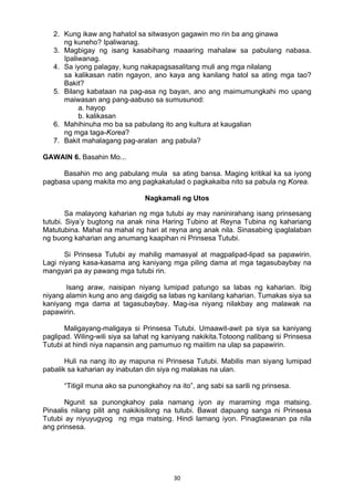 30 
2. Kung ikaw ang hahatol sa sitwasyon gagawin mo rin ba ang ginawa
ng kuneho? Ipaliwanag.
3. Magbigay ng isang kasabihang maaaring mahalaw sa pabulang nabasa.
Ipaliwanag.
4. Sa iyong palagay, kung nakapagsasalitang muli ang mga nilalang
sa kalikasan natin ngayon, ano kaya ang kanilang hatol sa ating mga tao?
Bakit?
5. Bilang kabataan na pag-asa ng bayan, ano ang maimumungkahi mo upang
maiwasan ang pang-aabuso sa sumusunod:
a. hayop
b. kalikasan
6. Mahihinuha mo ba sa pabulang ito ang kultura at kaugalian
ng mga taga-Korea?
7. Bakit mahalagang pag-aralan ang pabula?
GAWAIN 6. Basahin Mo...
Basahin mo ang pabulang mula sa ating bansa. Maging kritikal ka sa iyong
pagbasa upang makita mo ang pagkakatulad o pagkakaiba nito sa pabula ng Korea.
Nagkamali ng Utos
Sa malayong kaharian ng mga tutubi ay may naninirahang isang prinsesang
tutubi. Siya’y bugtong na anak nina Haring Tubino at Reyna Tubina ng kahariang
Matutubina. Mahal na mahal ng hari at reyna ang anak nila. Sinasabing ipaglalaban
ng buong kaharian ang anumang kaapihan ni Prinsesa Tutubi.
Si Prinsesa Tutubi ay mahilig mamasyal at magpalipad-lipad sa papawirin.
Lagi niyang kasa-kasama ang kaniyang mga piling dama at mga tagasubaybay na
mangyari pa ay pawang mga tutubi rin.
Isang araw, naisipan niyang lumipad patungo sa labas ng kaharian. Ibig
niyang alamin kung ano ang daigdig sa labas ng kanilang kaharian. Tumakas siya sa
kaniyang mga dama at tagasubaybay. Mag-isa niyang nilakbay ang malawak na
papawirin.
Maligayang-maligaya si Prinsesa Tutubi. Umaawit-awit pa siya sa kaniyang
paglipad. Wiling-wili siya sa lahat ng kaniyang nakikita.Totoong nalibang si Prinsesa
Tutubi at hindi niya napansin ang pamumuo ng maiitim na ulap sa papawirin.
Huli na nang ito ay mapuna ni Prinsesa Tutubi. Mabilis man siyang lumipad
pabalik sa kaharian ay inabutan din siya ng malakas na ulan.
“Titigil muna ako sa punongkahoy na ito”, ang sabi sa sarili ng prinsesa.
Ngunit sa punongkahoy pala namang iyon ay maraming mga matsing.
Pinaalis nilang pilit ang nakikisilong na tutubi. Bawat dapuang sanga ni Prinsesa
Tutubi ay niyuyugyog ng mga matsing. Hindi lamang iyon. Pinagtawanan pa nila
ang prinsesa.
 