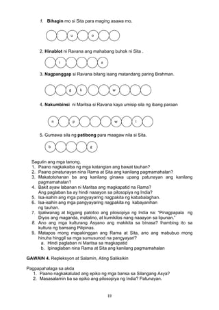 1. Bihagin mo si Sita para maging asawa mo. 
u o 
g k w 
n p w l 
19 
uu 
2. Hinablot ni Ravana ang mahabang buhok ni Sita . 
i a 
3. Nagpanggap si Ravana bilang isang matandang paring Brahman. 
4. Nakumbinsi ni Maritsa si Ravana kaya umisip sila ng ibang paraan 
5. Gumawa sila ng patibong para maagaw nila si Sita. 
b g 
Sagutin ang mga tanong. 
1. Paano nagkakaiba ng mga katangian ang bawat tauhan? 
2. Paano pinatunayan nina Rama at Sita ang kanilang pagmamahalan? 
3. Makatotohanan ba ang kanilang ginawa upang patunayan ang kanilang 
pagmamahalan? 
4. Bakit ayaw labanan ni Maritsa ang magkapatid na Rama? 
Ang paglaban ba ay hindi naaayon sa pilosopiya ng India? 
5. Isa-isahin ang mga pangyayaring nagpakita ng kababalaghan. 
6. Isa-isahin ang mga pangyayaring nagpakita ng kabayanihan 
ng tauhan. 
7. Ipaliwanag at bigyang patotoo ang pilosopiya ng India na: “Pinagpapala ng 
Diyos ang maganda, matalino, at kumikilos nang naaayon sa lipunan.” 
8. Ano ang mga kulturang Asyano ang makikita sa binasa? Ihambing ito sa 
kultura ng bansang Pilipinas. 
9. Matapos mong mapakinggan ang Rama at Sita, ano ang mabubuo mong 
hinuha hinggil sa mga sumusunod na pangyayari? 
a. Hindi paglaban ni Maritsa sa magkapatid 
b. Ipinaglaban nina Rama at Sita ang kanilang pagmamahalan 
GAWAIN 4. Repleksyon at Salamin, Ating Saliksikin 
Pagpapahalaga sa akda 
1. Paano nagkakatulad ang epiko ng mga bansa sa Silangang Asya? 
2. Masasalamin ba sa epiko ang pilosopiya ng India? Patunayan. 
 