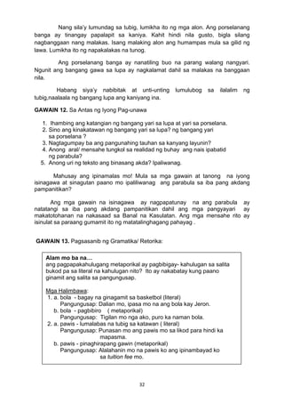 Nang sila’y lumundag sa tubig, lumikha ito ng mga alon. Ang porselanang 
banga ay tinangay papalapit sa kaniya. Kahit hindi nila gusto, bigla silang 
nagbanggaan nang malakas. Isang malaking alon ang humampas mula sa gilid ng 
lawa. Lumikha ito ng napakalakas na tunog. 
Ang porselanang banga ay nanatiling buo na parang walang nangyari. 
Ngunit ang bangang gawa sa lupa ay nagkalamat dahil sa malakas na banggaan 
nila. 
Habang siya’y nabibitak at unti-unting lumulubog sa ilalalim ng 
tubig,naalaala ng bangang lupa ang kaniyang ina. 
GAWAIN 12. Sa Antas ng Iyong Pag-unawa 
1. Ihambing ang katangian ng bangang yari sa lupa at yari sa porselana. 
2. Sino ang kinakatawan ng bangang yari sa lupa? ng bangang yari 
sa porselana ? 
3. Nagtagumpay ba ang pangunahing tauhan sa kanyang layunin? 
4. Anong aral/ mensahe tungkol sa realidad ng buhay ang nais ipabatid 
ng parabula? 
5. Anong uri ng teksto ang binasang akda? Ipaliwanag. 
Mahusay ang ipinamalas mo! Mula sa mga gawain at tanong na iyong 
isinagawa at sinagutan paano mo ipaliliwanag ang parabula sa iba pang akdang 
pampanitikan? 
Ang mga gawain na isinagawa ay nagpapatunay na ang parabula ay 
natatangi sa iba pang akdang pampanitikan dahil ang mga pangyayari ay 
makatotohanan na nakasaad sa Banal na Kasulatan. Ang mga mensahe rito ay 
isinulat sa paraang gumamit ito ng matatalinghagang pahayag . 
GAWAIN 13. Pagsasanib ng Gramatika/ Retorika: 
Alam mo ba na… 
ang pagpapakahulugang metaporikal ay pagbibigay- kahulugan sa salita 
bukod pa sa literal na kahulugan nito? Ito ay nakabatay kung paano 
ginamit ang salita sa pangungusap. 
Mga Halimbawa: 
1. a. bola - bagay na ginagamit sa basketbol (literal) 
Pangungusap: Dalian mo, ipasa mo na ang bola kay Jeron. 
b. bola - pagbibiro ( metaporikal) 
Pangungusap: Tigilan mo nga ako, puro ka naman bola. 
2. a. pawis - lumalabas na tubig sa katawan ( literal) 
Pangungusap: Punasan mo ang pawis mo sa likod para hindi ka 
32 
mapasma. 
b. pawis - pinaghirapang gawin (metaporikal) 
Pangungusap: Alalahanin mo na pawis ko ang ipinambayad ko 
sa tuition fee mo. 
 
